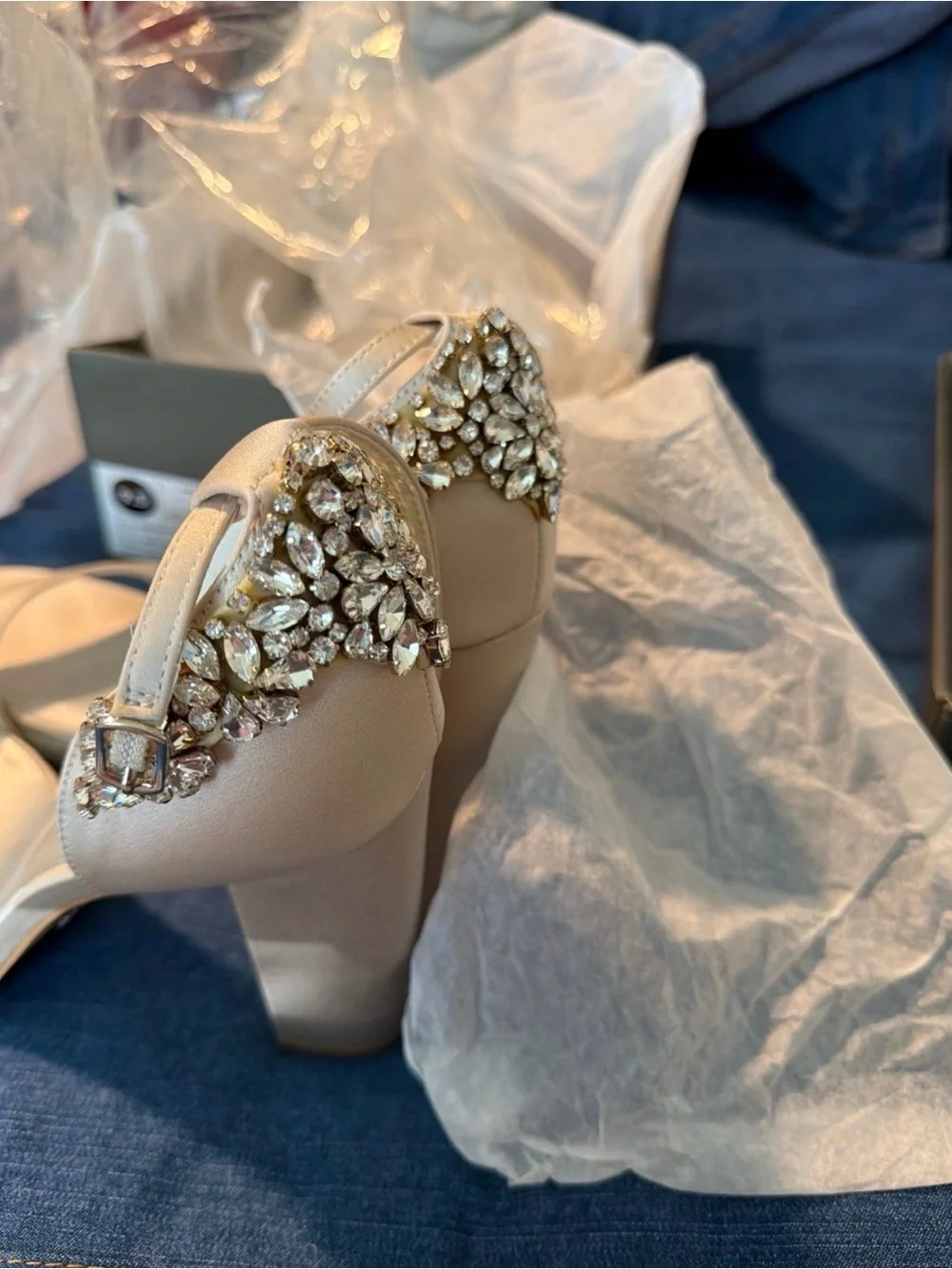 Vera Wang Champagne Satin Jewel-Ankle Platform Heels
